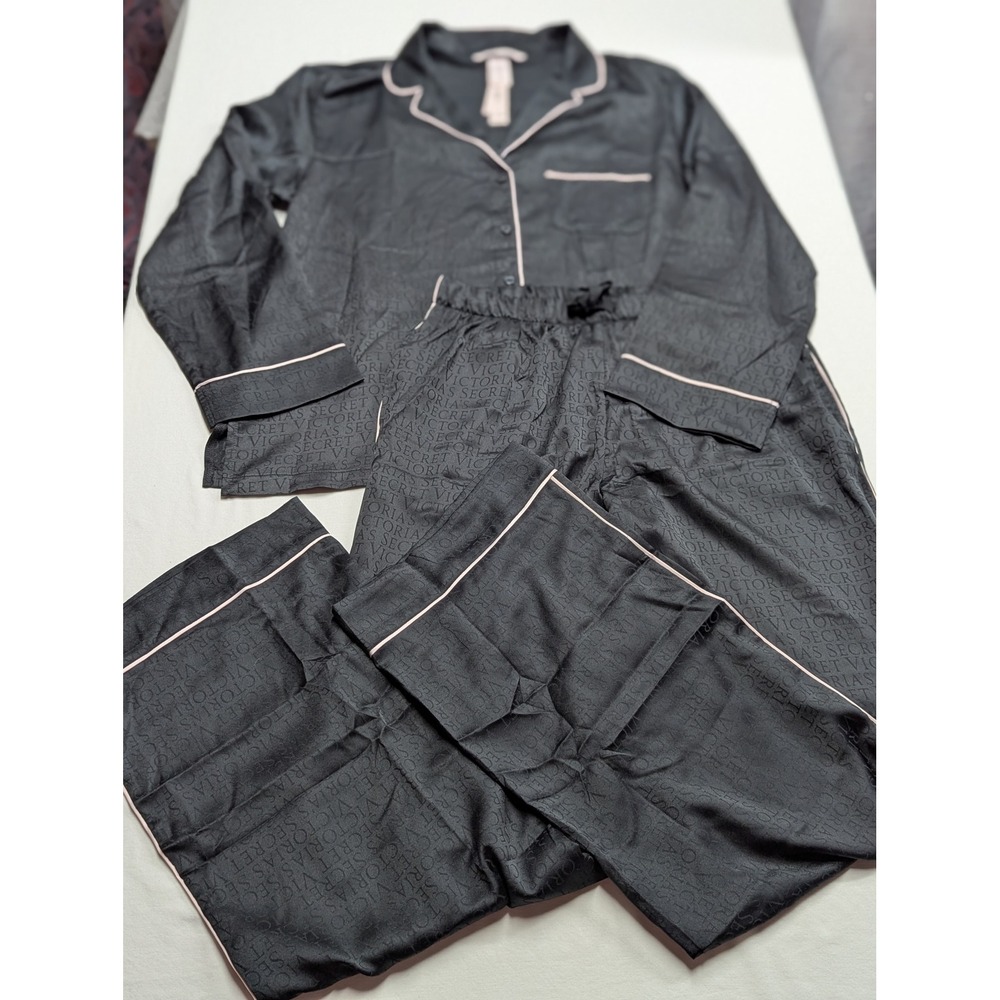 Victoria's Secret Black Satin Logo Jacquard Pajama Set Pink Piping Small NEW